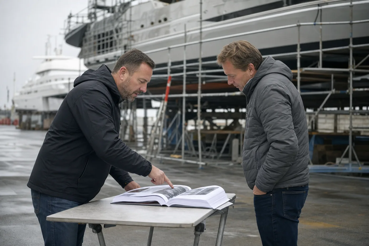 A broker and a client going through survey paperwork on a shipyard quay