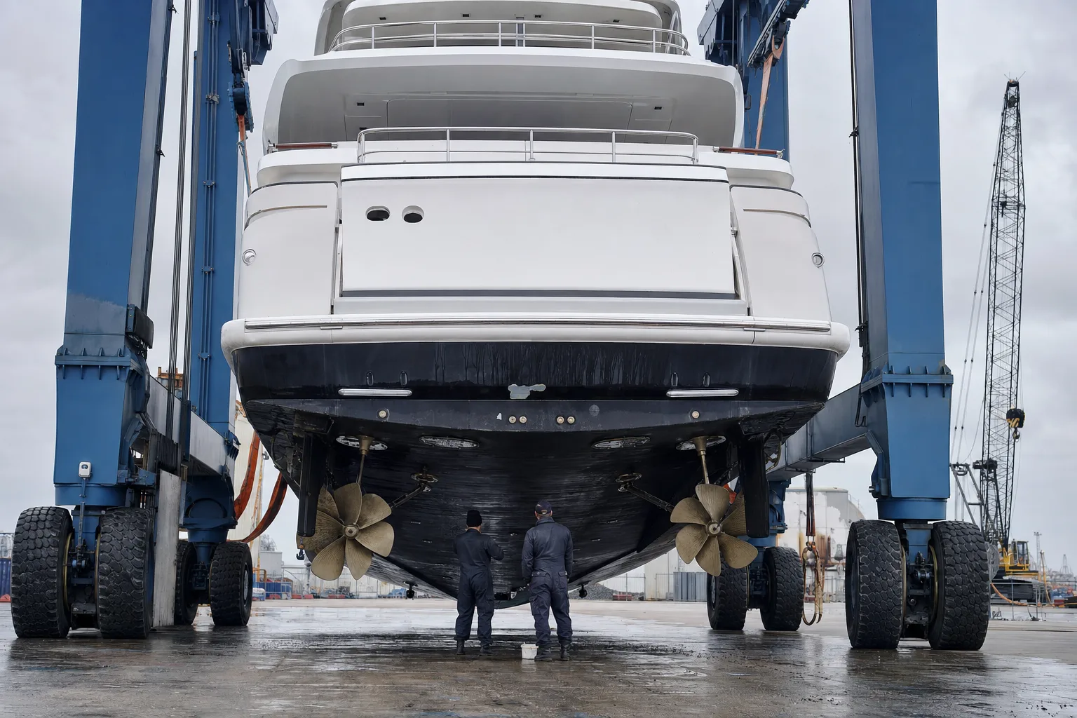 A large motor yacht held in a shipyard travel hoist with her hull exposed